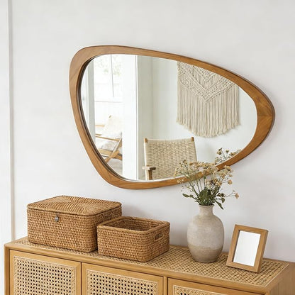 Irregular Wall Mirror Asymmetrical Bathroom Mirror, 19 x 30 Inch Wall Mounted Decorative Mirror with Wooden Frame for Living Room, Vanity, Bedroom, Entryway, Hallway
