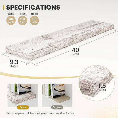 40 Inch Floating Shelves, 9.3" Deep Floating Shelf Wall Mounted, 40" Wall Shelves, Rustic Deep Bookshelf, Large Display Shelves & Storage Shelves for Bedroom, Living Room, Rustic, Set of 2