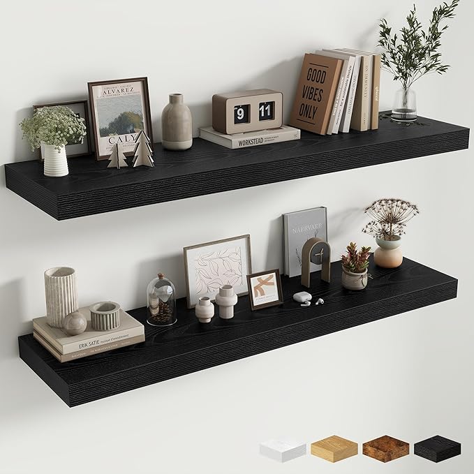 Fun Memories 48 Inch Floating Shelves for Wall - 12 Inch Deep Fireplace Mantel Shelf - Wood Floating Shelf for Wall - Large Storage Shelves Wall Mount for Living Room & Bedroom - Black - Set of 2