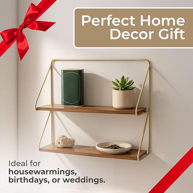 Wood Floating Shelf for Wall – 2-Tier Floating Shelves with Iron Frame, Home Decor Shelf for Bedroom – Modern Wall Shelves for Living Room & Bathroom – 20