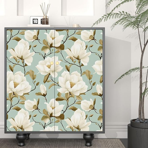Modern Green White Flowers Wallpaper Blue Floral Peel and Stick Contact Paper 17.5"X118" Vinyl Waterproof Self Adhesive Removable Boho Modern Botanical Wall Paper for Bedroom Walls Cabinet Locker
