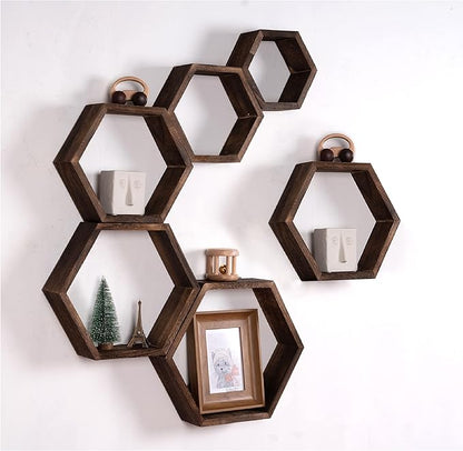 WONFUlity Hexagon Floating Shelves Honeycomb Shelves Wall Mounted Wood Farmhouse Storage Wall Shelf for Bathroom, Kitchen, Bedroom, Living Room,Driftwood Finish Decor,Dark Brwon