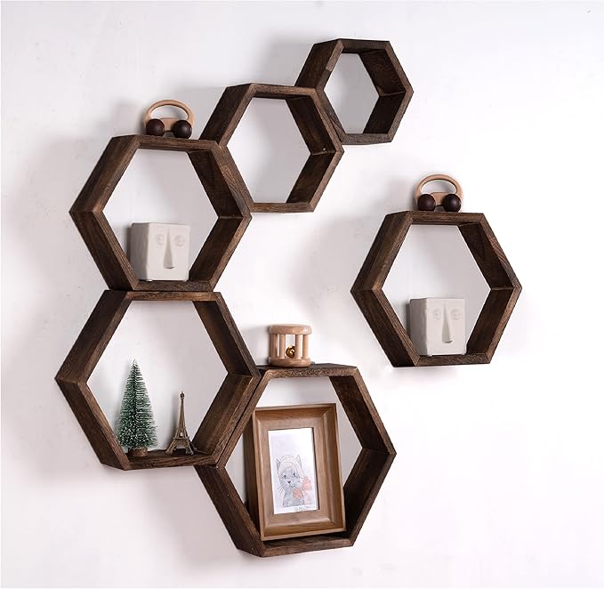 WONFUlity Hexagon Floating Shelves Honeycomb Shelves Wall Mounted Wood Farmhouse Storage Wall Shelf for Bathroom, Kitchen, Bedroom, Living Room,Driftwood Finish Decor,Dark Brwon