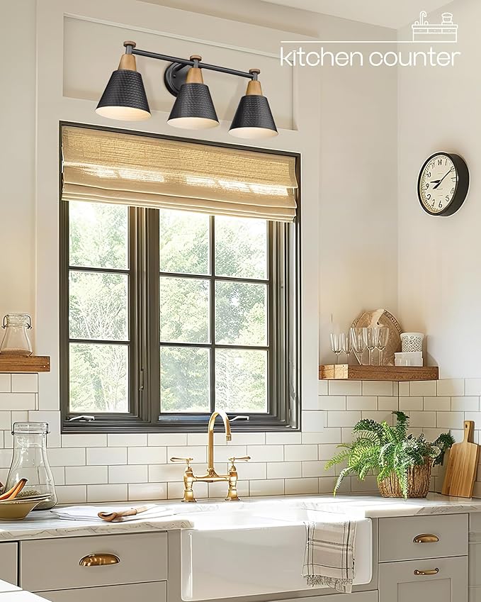 FEMILA Black Bathroom Light Fixtures, 3-Light Bathroom Vanity Lights Over Mirror with Hammered Metal Shade, Modern Wall Lamp for Kitchen Bedroom Living Room,4FG59B-3W BK