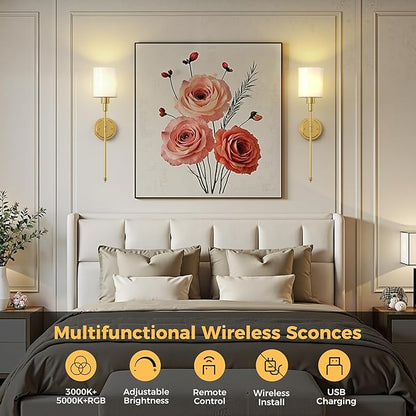 DORESshop Battery Operated Wall Sconce Set of 2, Wireless Wall Light Easy to Install, 10 Color, Sconce Wall Decor Set of 2 for Bedroom, Living Room, Gold and Milky White Glass Shade, 24.3in