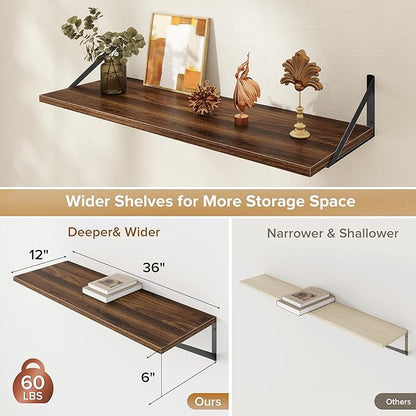 Deep Floating Shelves Wall Mounted, 36"x12" Walnut Wall Shelves with Brackets Set of 2 for Bedroom, Living Room, Bathroom, Kitchen, Office - Storage & Display Shelf for Decor, Books, Plants