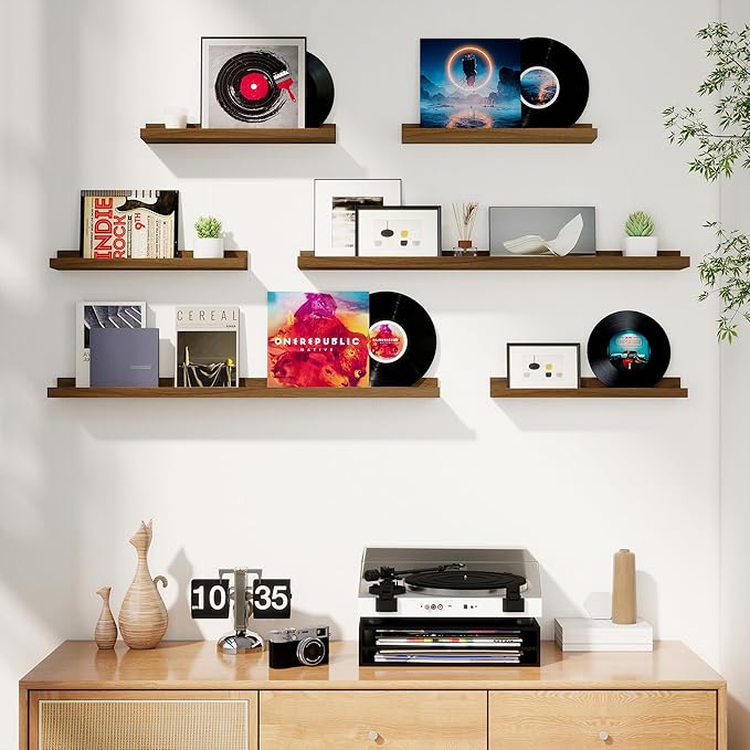 Axeman Picture Ledge Shelf, Floating Shelves for Wall Decor Storage Set of 6, 16 inch Floating Wall Mounted Shelves, Shelves with Lip for Living Room, Bedroom, Nursery, Bathroom, Kitchen, Walnut