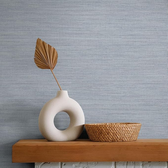 Tempaper Textured Powder Blue Horizontal Faux Grasscloth Removable Peel and Stick Wallpaper, 20.5 in X 16.5 ft, Made in The USA