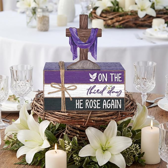 Geelin 4 Pcs Easter Lent Decorations for home, He Is Risen Wooden Sign Christian Tabletop with Cross and Scripture Theme for Table, Tiered Tray, Desk, Shelf, Faith Spring Decor