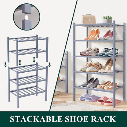 Smiry Bamboo Shoe Rack for Closet, 2 Tier Small Wooden Stackable Shoe Organizer, Free Standing Shoes Storage Shelf for Entryway, Front Door Entrance, Grey