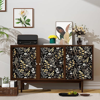 Boho Wallpaper Peel and Stick Dark Floral Wallpaper 17.5in x393in Vintage Leaf Contact Paper Vinyl Waterproof Self Adhesive Golden Leaf Botanical Wall Paper for Cabinet Table Drawer Decor