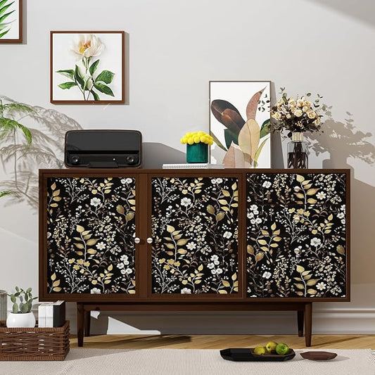Boho Wallpaper Peel and Stick Dark Floral Wallpaper 17.5in x393in Vintage Leaf Contact Paper Vinyl Waterproof Self Adhesive Golden Leaf Botanical Wall Paper for Cabinet Table Drawer Decor