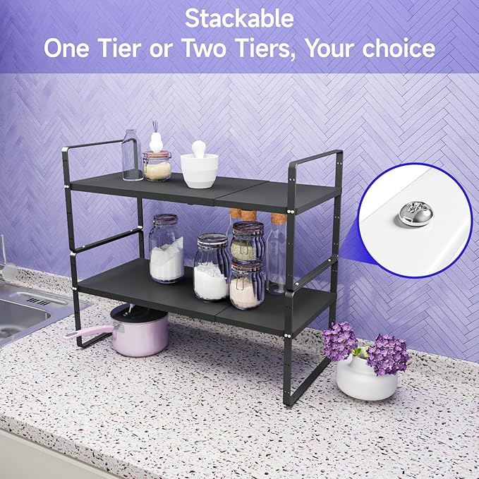 16.5-27’’L Expandable Stackable Cabinet Shelves, Adjustable Spice Rack Cabinet Shelf Organizer for Kitchen, Countertop, Pantry and Cupboard, Black