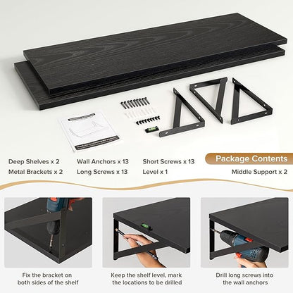 Deep Floating Shelves Wall Mounted, 36"x12" Black Wall Shelves with Brackets Set of 2 for Bedroom, Living Room, Bathroom, Kitchen, Office - Storage & Display Shelf for Decor, Books, Plants