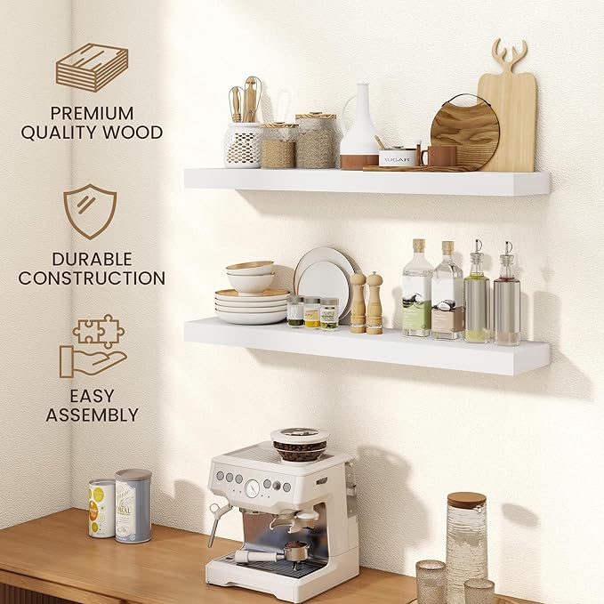 40 Inch Floating Shelves | 6.5 Inch Deep White Floating Shelves Set of 2 | 40