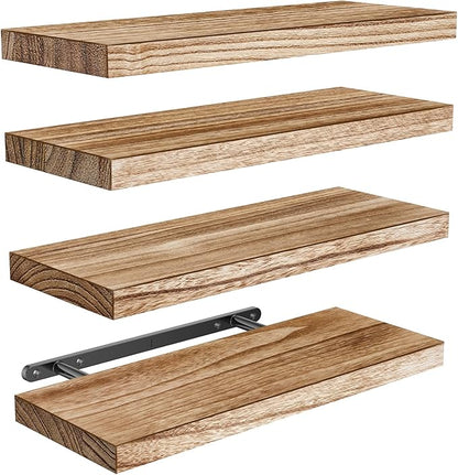 AMADA HOMEFURNISHING Floating Shelves, Paulownia Wood Wall Shelves for Living Room/Bedroom/Kitchen/Home Office, Wood Floating Shelf for Home Storage & Organization Set of 4 15.75" L x 5.91" W x 0.98"H
