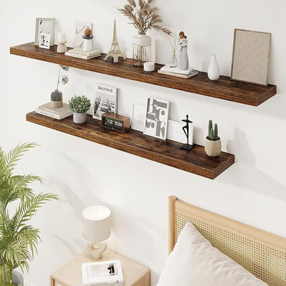 55in Floating Shelves for Wall, 55"W x 9.25"D x 1.5"H, Long Wall Mounted Engineered Wood Shelves with Invisible Brackets for Living Room, Bedroom, Bathroom, Kitchen Decor and Storage, Rustic Brown