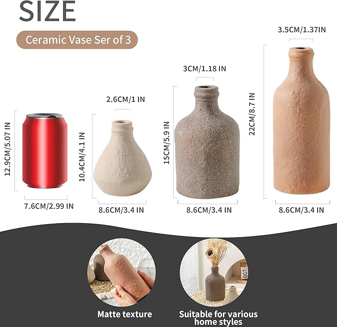 Ceramic Vase Set of 3, Vases Home Decor, Decorative Vases for Table, Boho Flower Vase Modern Neutral Vases for Room Decor, Table, Mantel,Entryway Living Room Kitchen Bedroom Bathroom - Brown