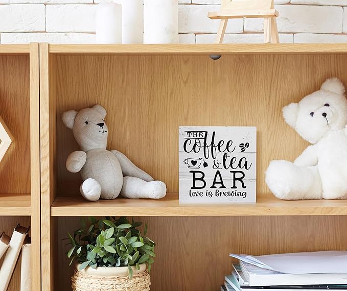 The Coffee and Tea Bar Love is Brewing Wood Box Sign Desk Decor,Rustic Wooden Block Sign Decorations for Home Kitchen Office Coffee and Tea Bar Wall Tabletop Shelf Decor