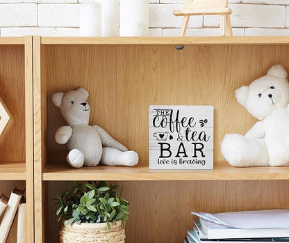 The Coffee and Tea Bar Love is Brewing Wood Box Sign Desk Decor,Rustic Wooden Block Sign Decorations for Home Kitchen Office Coffee and Tea Bar Wall Tabletop Shelf Decor