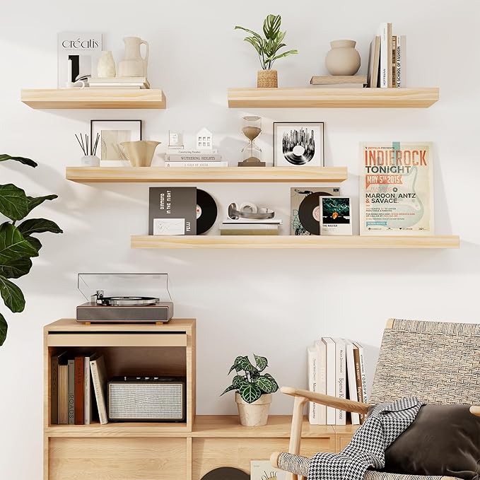 Fun Memories Floating Shelves, 9.3'' Deep Solid Pine Wood Wall Shelves for Storage, Wall Mounted Display Shelf with Invisible Heavy-Duty Metal Bracket, 24'' Width Set of 2, Unfinished - DIY Stain