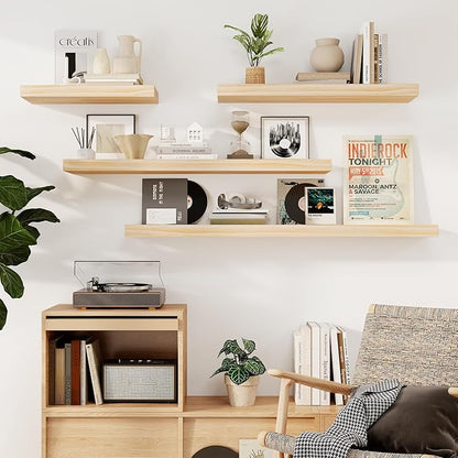 Fun Memories Floating Shelves, 9.3 Inch Deep Solid Pine Wood Wall Shelves for Storage, Wall Mounted Display Shelf with Invisible Heavy-Duty Metal Bracket, 55 Inch Width, Unfinished - DIY Stain