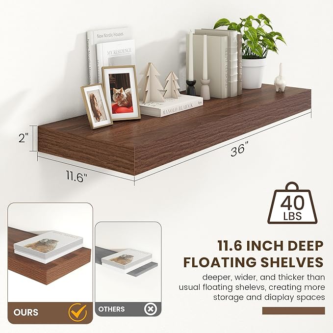 12 Inch Deep Floating Shelves | 36 Inch Walnut Floating Shelves | 36