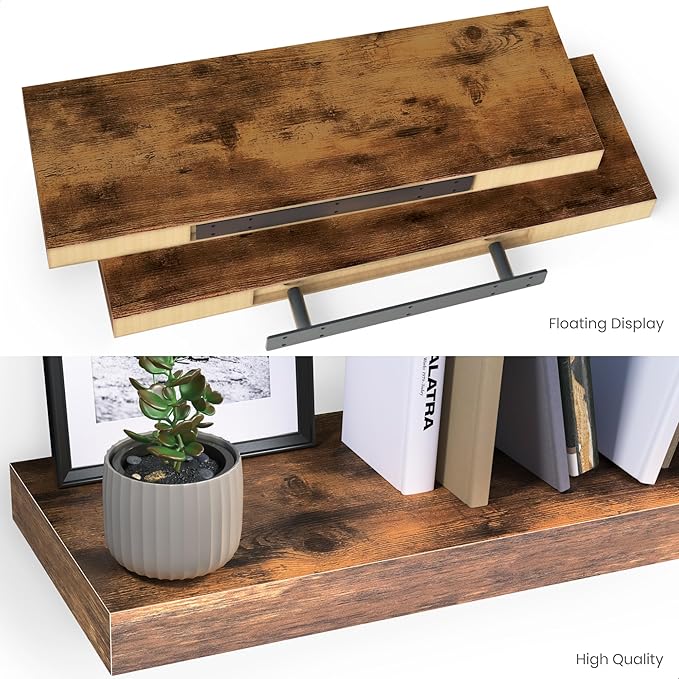 Ballucci Floating Shelves for Wall, 24" Wood Wall Shelf Set of 2, with Invisible Brackets for Bathroom, Living Room, Bedroom, Kitchen, Nursery, 8" Deep, Rustic Brown