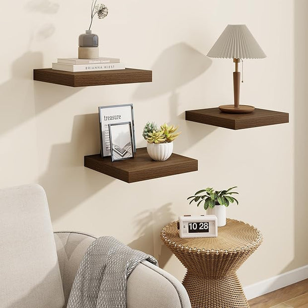 Marsmiles Square Floating Shelves for Wall, 8" W x 8" D x 1.25" H, 3 Pack Small Wall Mounted Engineered Wood Shelves with Invisible Brackets for Living Room, Bedroom, Bathroom, Kitchen Decor, Walnut