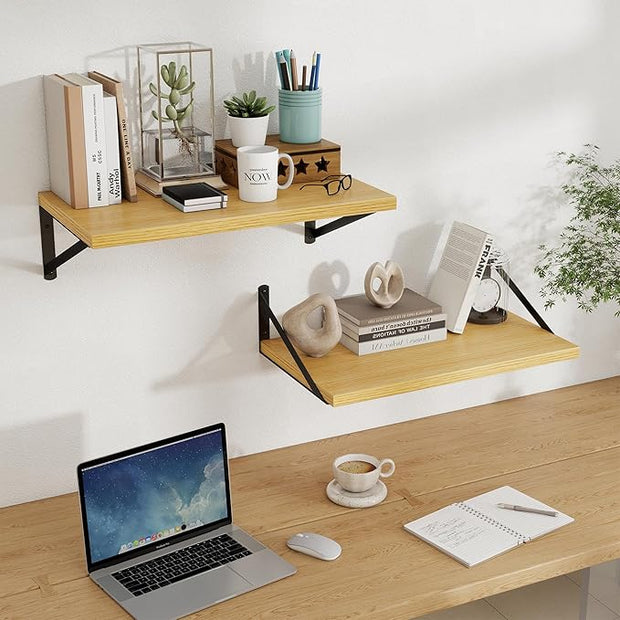 Floating Shelves, 12 Inch Deep Rustic Wood Wall Storage, 24W x 12D Wall Shelves Set of 2, Heavy Duty Metal Brackets, Large Industrial Book Shelf for Living Room, Kitchen, Bedroom, Oak