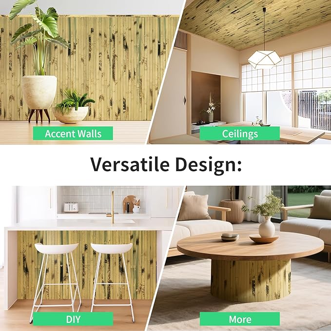 Natural Bamboo Wall Panel for Interior Wall Decor, Renewable Pole Wrap Wainscoting Paneling for Wall Ceiling Furniture Cabinet Office, 48 x 96 Inch, Light Burned