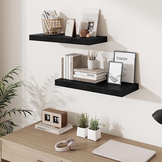 Fun Memories 24 Inch Floating Shelves Wall Mounted, 10 Inch Deep Wall Shelves, 24 x 10 Floating Shelf for Living Room Bathroom Bedroom, Black, Set of 2