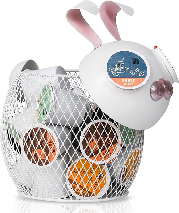 Made Easy Kit Coffee Pod Basket Organizer Useful Decor - Compatible with Keurig K-Cup Pods - Home Coffee Bar Functional Decoration - Café Station Countertop Freestanding Storage Accessory (WHT Bunny)
