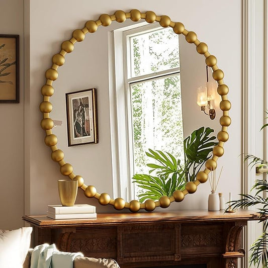 Round Mirror for Wall, 36 Inch Gold Beaded Frame Decorative Vanity Mirror, Circle Bathroom Mirror with High-Definition Lense, Modern Wall Decor for Bathroom, Living Room, Bedroom, Entryway