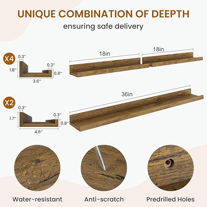 Axeman Picture Ledge Shelf, Floating Shelves for Storage Set of 6, 36 inch Floating Wall Mounted Shelves, Wall Shelves with Lip for Living Room, Bedroom, Nursery, Bathroom, Kitchen, Rustic Brown