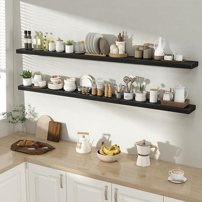 72 Inch Floating Shelves for Wall 2 Pack, 72" Wall Shelves for Books, Storage, Decor, Wall Mounted Floating Shelf with Invisible Brackets for Kitchen, Living Room, Black