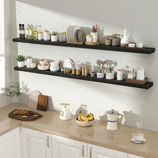 72 Inch Floating Shelves for Wall 2 Pack, 72" Wall Shelves for Books, Storage, Decor, Wall Mounted Floating Shelf with Invisible Brackets for Kitchen, Living Room, Black