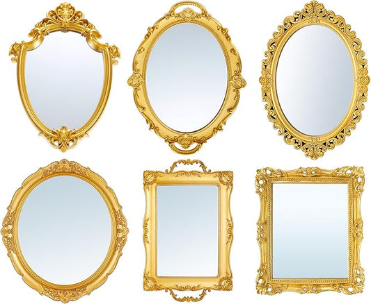 6 Pcs Vintage Gold Mirrors Set Including Small Oval Wall Mirror Antique Shield Shape Square Decorative Mirror Dresser Mirrored Tray for Bedroom Wedding Victorian Decor (Classic,Gold)
