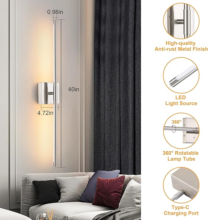 40 Inch Sand-Nickel Battery Operated Wall Sconces Set of Two, Dimmable Wall Sconces with Remote Control, Rechargeable Sconces, LED Wireless Wall Lights for Bedroom, Living Room, Bathroom