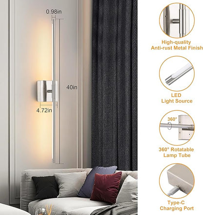 40 Inch Sand-Nickel Battery Operated Wall Sconces Set of Two, Dimmable Wall Sconces with Remote Control, Rechargeable Sconces, LED Wireless Wall Lights for Bedroom, Living Room, Bathroom