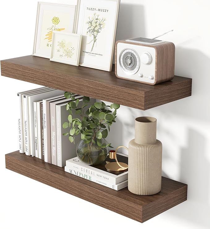Heimlove 24 Inch Floating Shelves for Wall Walnut Shelves Set of 2,Wall Mounted Rustic Wood 8 Inch Deep Floating Shelf with Invisible Brackets for Bedroom Kitchen Living Room
