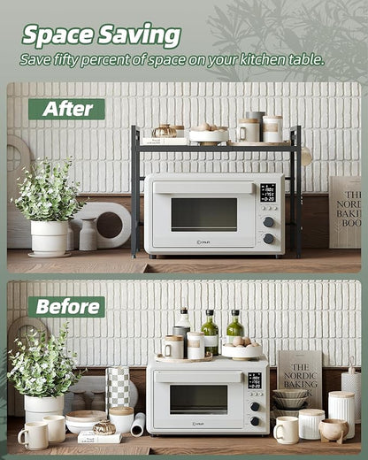 NETEL 2 Pcs Expandable Microwave Stand,2 Tier Metal Kitchen Countertop Organizer Shelves with 8 Hooks,Bakers Rack,Microwave Shelf,Microwave Oven Rack,55lbs Weight Capacity