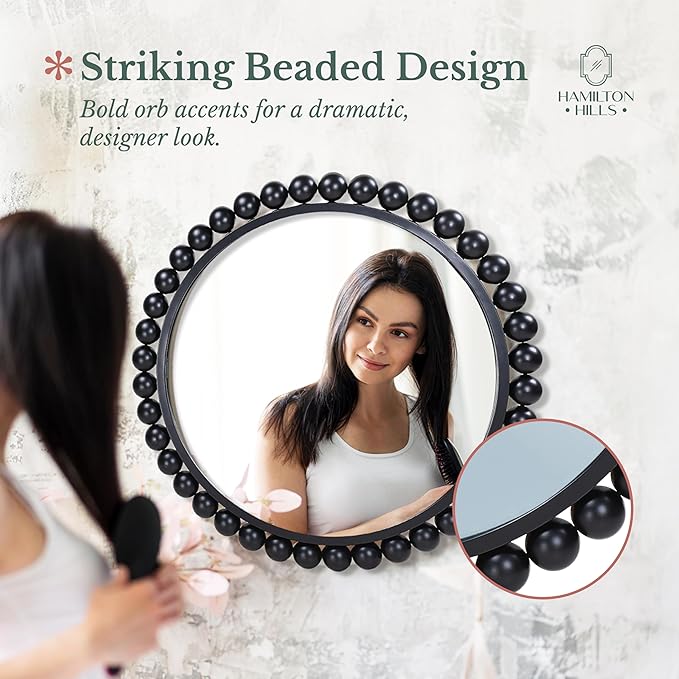 Hamilton Hills Black Circle Mirror - 33 x 33in - Chic Round Mirror for Living Room, Bathroom, Entryway, Vanity Decor -Dimensional Crystal Clear Beads Reflect Light - Home Wall Decor