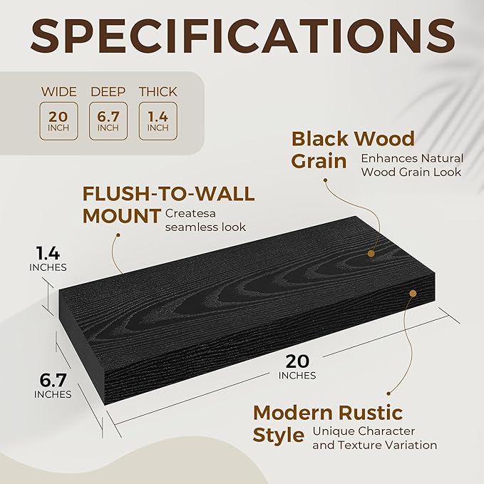 Dreamland 20 Inch Long Floating Shelves in Black,6.7 Inch Deep Floating Shelf for Wall,Large Display & Storage Shelf, Wall Shelf for Bathroom Bedroom Living Room Kitchen Office，Set of 2