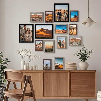 BESCRCL 15 Pack Real Glass Picture Frames Collage Wall Decor, Including 3pcs 8x10 Black, 6pcs 5x7 Light Brown, 6pcs 4x6 Brown, Photo Frames Set for Gallery Wall or Tabletop Display