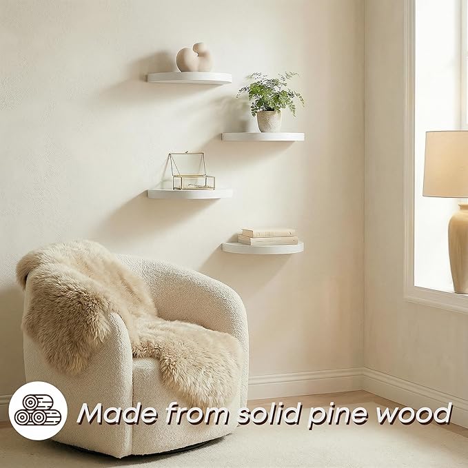 Small Wood Floating Shelves (4-Pack, 6-inch Diameter) - Round Sturdy Invisible Wall Mount Display for Small Plants,Toys,Bathroom,Living Room Storage & Modern Rustic Décor (White)