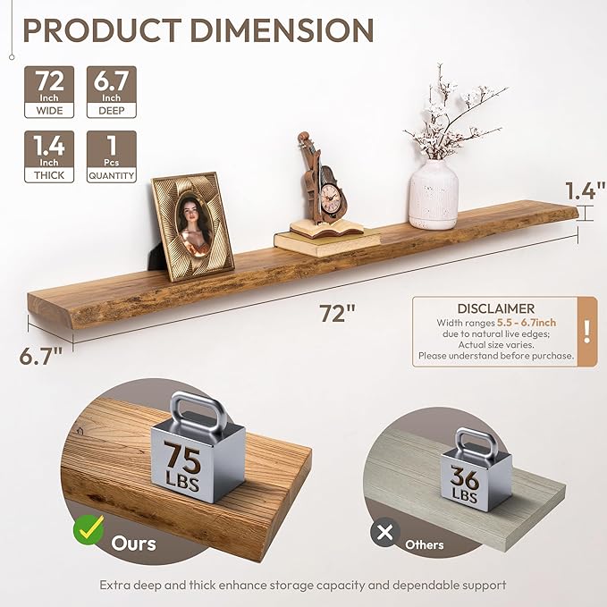 Marsmiles 72 inch Floating Shelves for Wall Elm Wood Live Edge Shelves Wall Mounted|Rustic Long Floating Shelves with Invisible Bracket for Bathroom Living Room Kitchen|Natural, 1 Pack