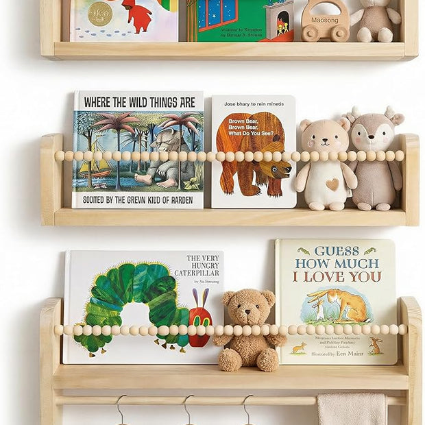 Nursery Book Shelves for Wall Set of 3, Natural Wood Bookshelves Wall Decor, Small Floating Shelf Organizer for Kids Room, Bedroom, Kitchen Spice Rack