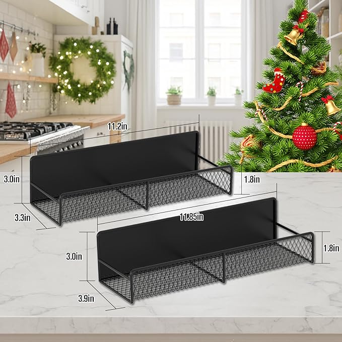 Magnetic Spice Rack for Refrigerator, 2 Pack Magnetic Shelf for Fridge with 4 Hooks, Black Magnetic Shelves, Organization and Storage Kitchen, Magnet Shelf for Fridge, Cabinet Organization
