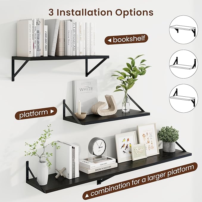 Axeman Deep Floating Shelves | 24 Inch Black Wall Shelves Set of 2 | 10 Inch Deep Wood Floating Shelves for Wall | 24